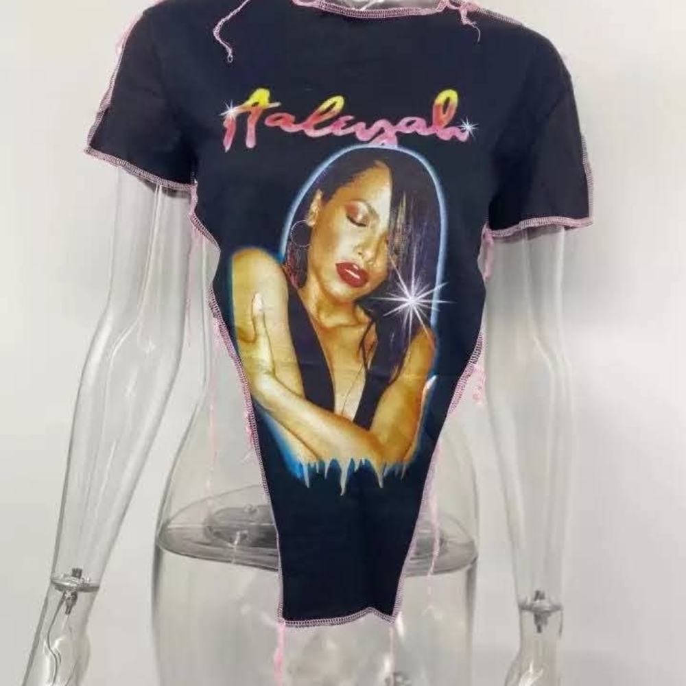 Black Graphic T-Shirt with Pink Trim Featuring Aaliyah